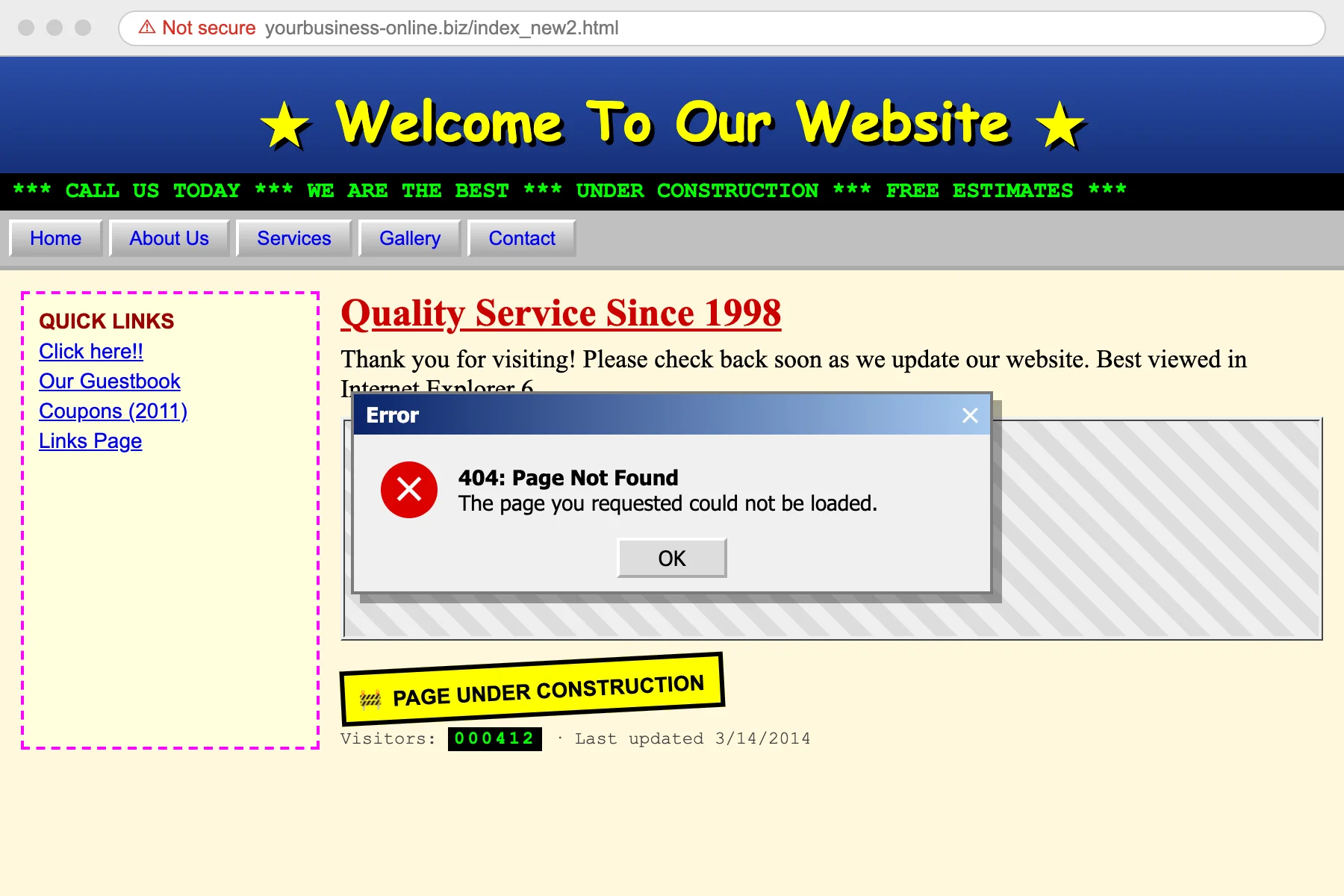 A dated, broken business website with a 404 error